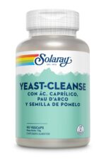 Bote de Solaray Yeast-Cleanse con ácido caprílico, pau d’arco y semilla de pomelo de 90 cápsulas vegetales sobre fondo blanco