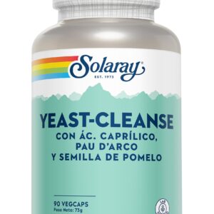Bote de Solaray Yeast-Cleanse con ácido caprílico, pau d’arco y semilla de pomelo de 90 cápsulas vegetales sobre fondo blanco