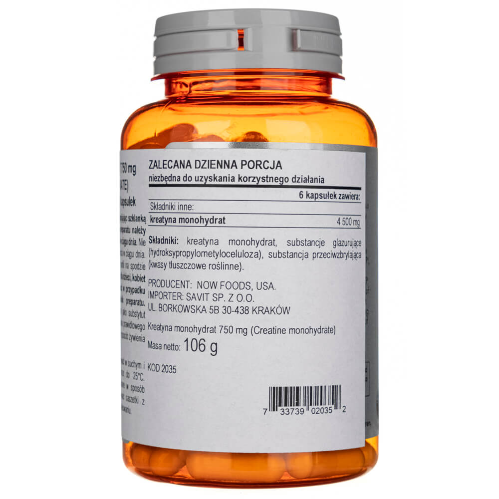 Now Foods Creatina Monohidrato 750mg - 120 Cápsulas Vegetales - Imagen 2