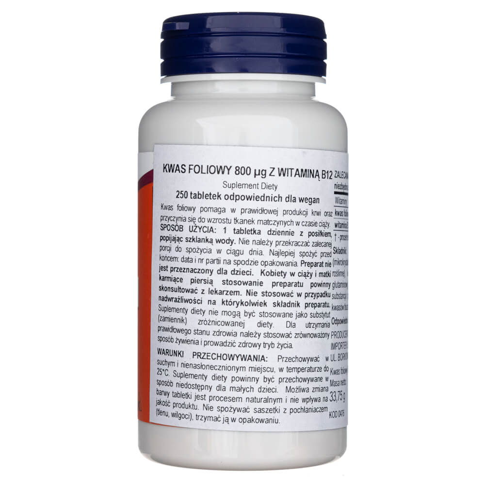 Now Foods Ácido fólico 800 mcg con vitamina B-12 - 250 Tabletas - Imagen 2