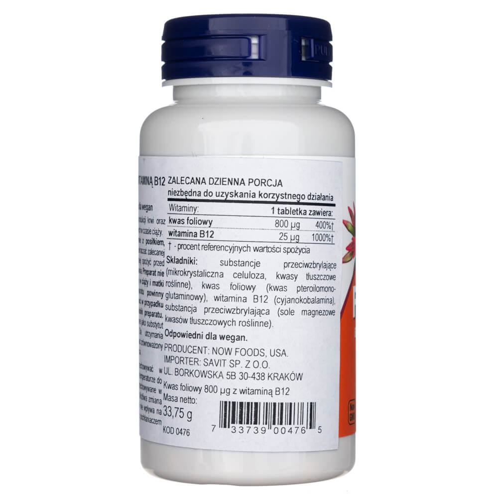 Now Foods Ácido fólico 800 mcg con vitamina B-12 - 250 Tabletas - Imagen 3