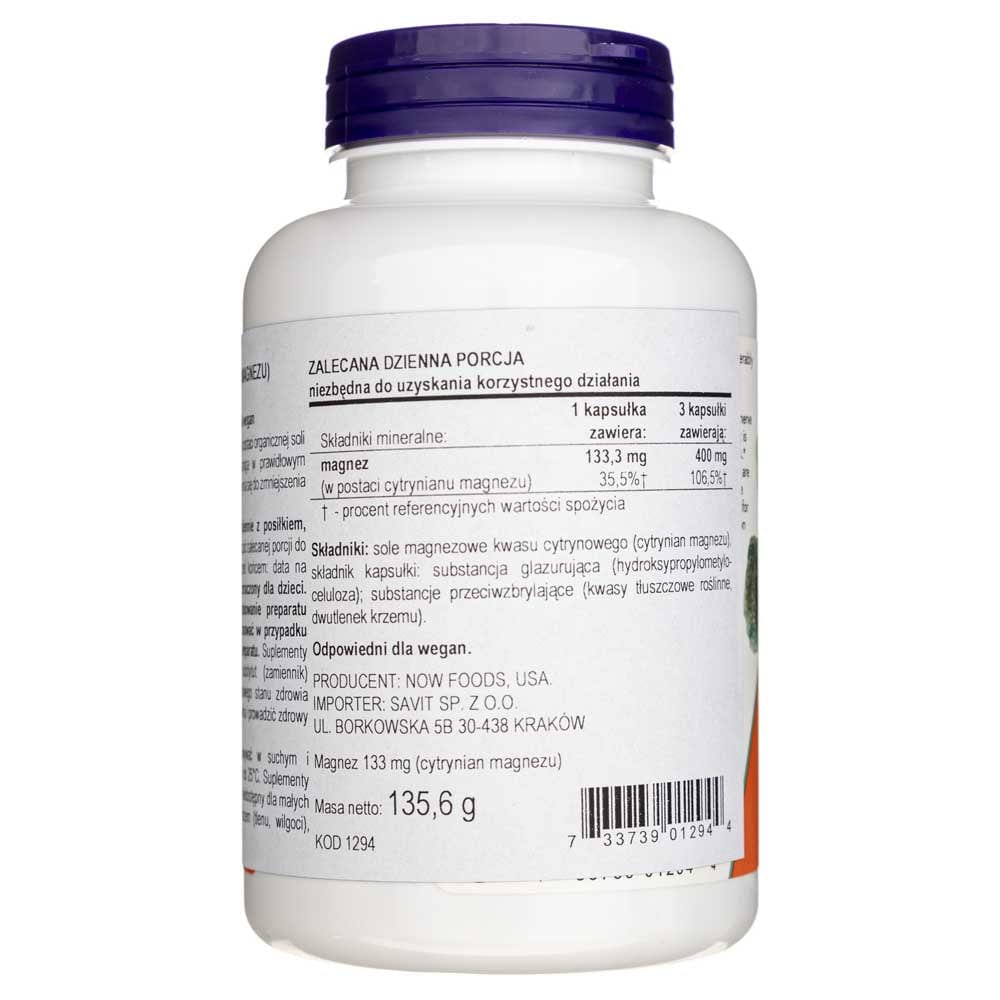 Now Foods Citrato de magnesio 400 mg - 120 cápsulas vegetales - Imagen 2