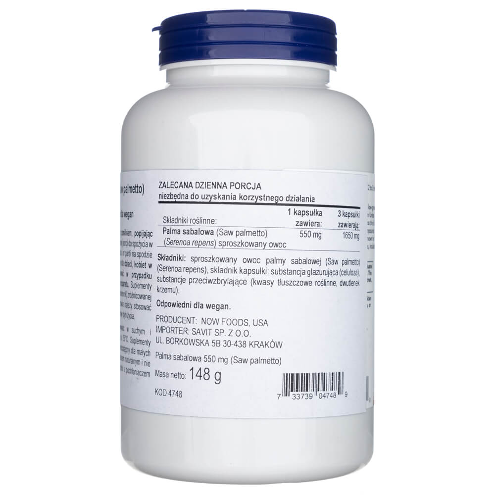 Now Foods Bayas de Saw Palmetto 550 mg - 250 Cápsulas Vegetales - Imagen 3