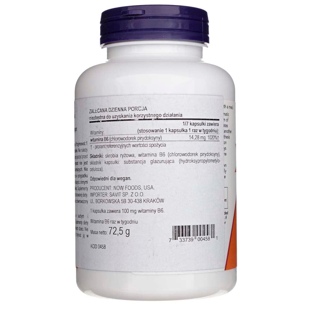 Now Foods Vitamina B-6 100 mg - 250 Cápsulas Vegetales - Imagen 2