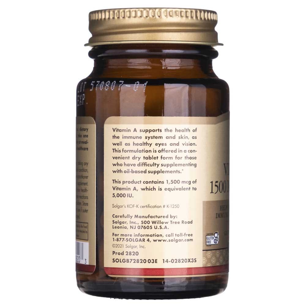 Solgar Vitamina A seca 1500 mcg (5000 UI) - 100 Tabletas - Imagen 3