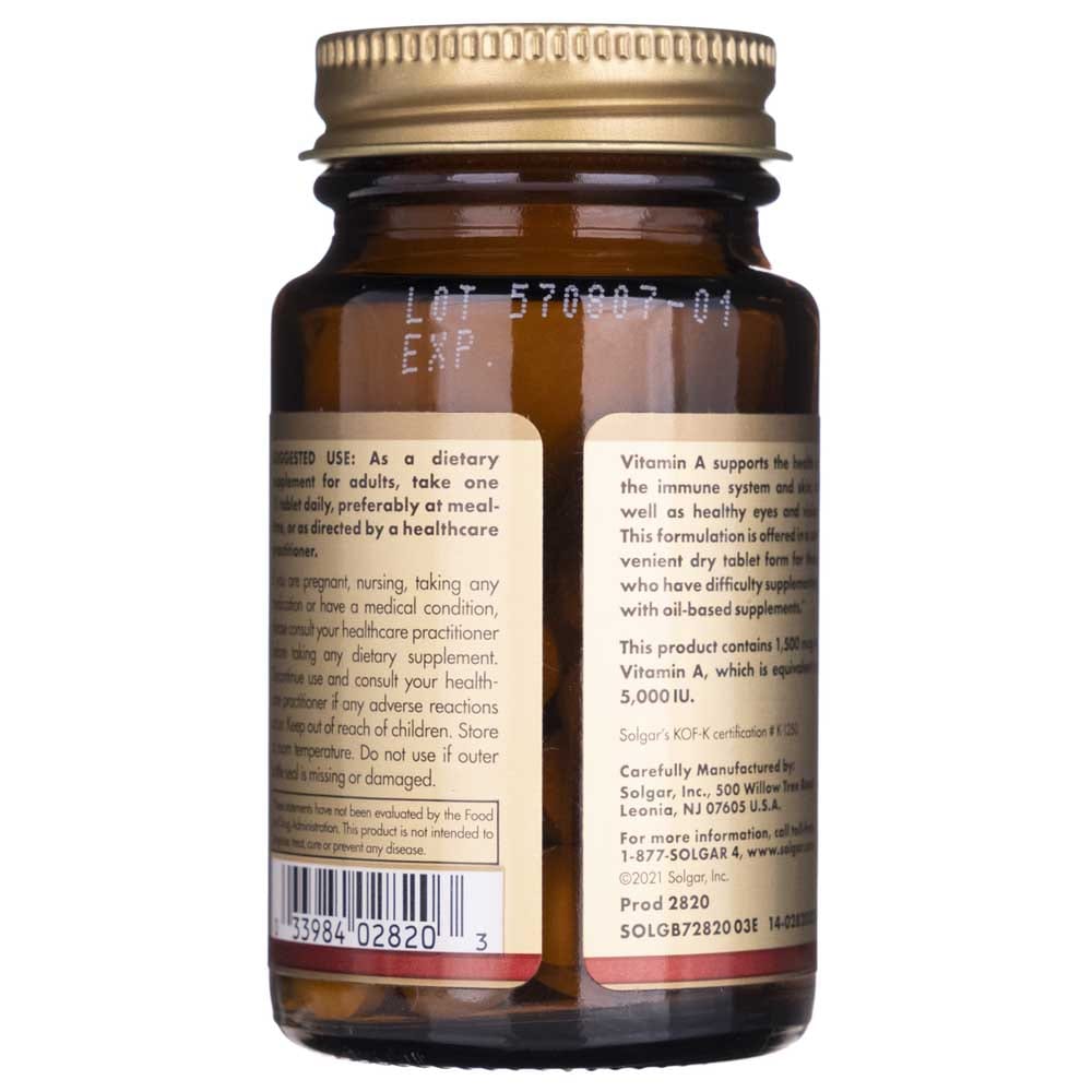 Solgar Vitamina A seca 1500 mcg (5000 UI) - 100 Tabletas - Imagen 4
