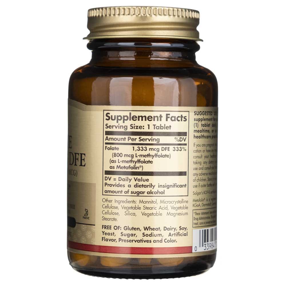 Solgar Folato 1333 mcg DFE (Metafolin ® 800 mcg) - 100 Tabletas - Imagen 2