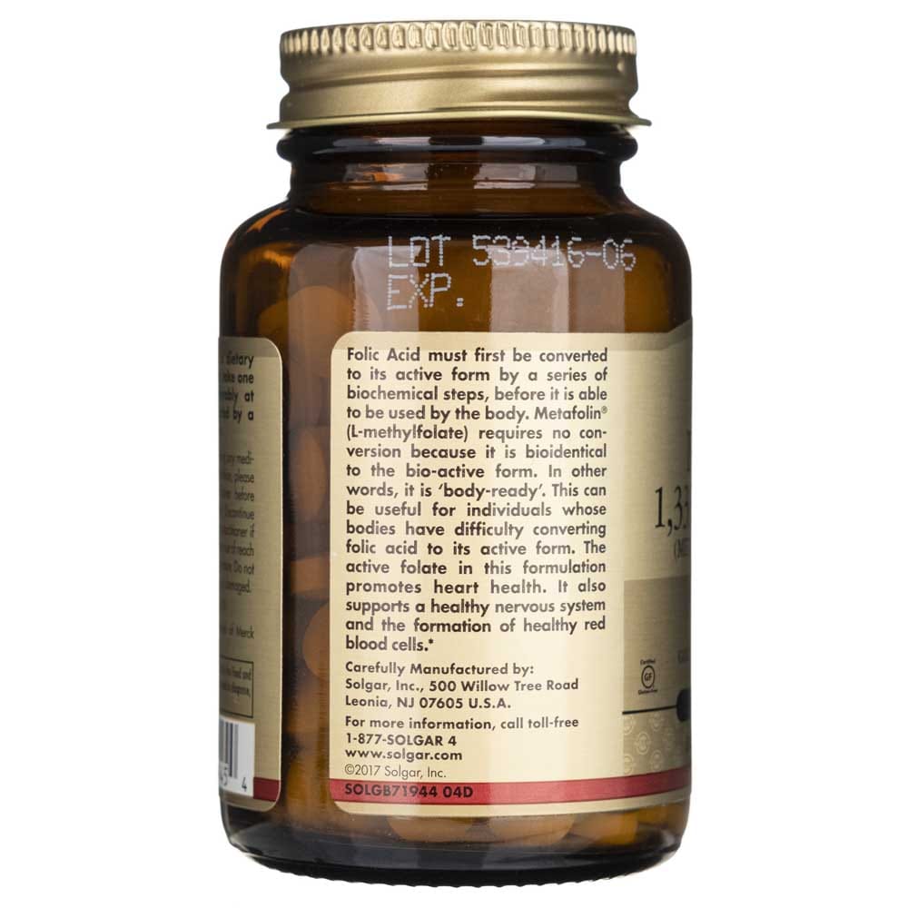 Solgar Folato 1333 mcg DFE (Metafolin ® 800 mcg) - 100 Tabletas - Imagen 3