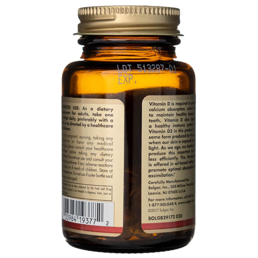Solgar Vitamina D3 125 mcg (5000 UI) - 100 Cápsulas blandas - Imagen 3