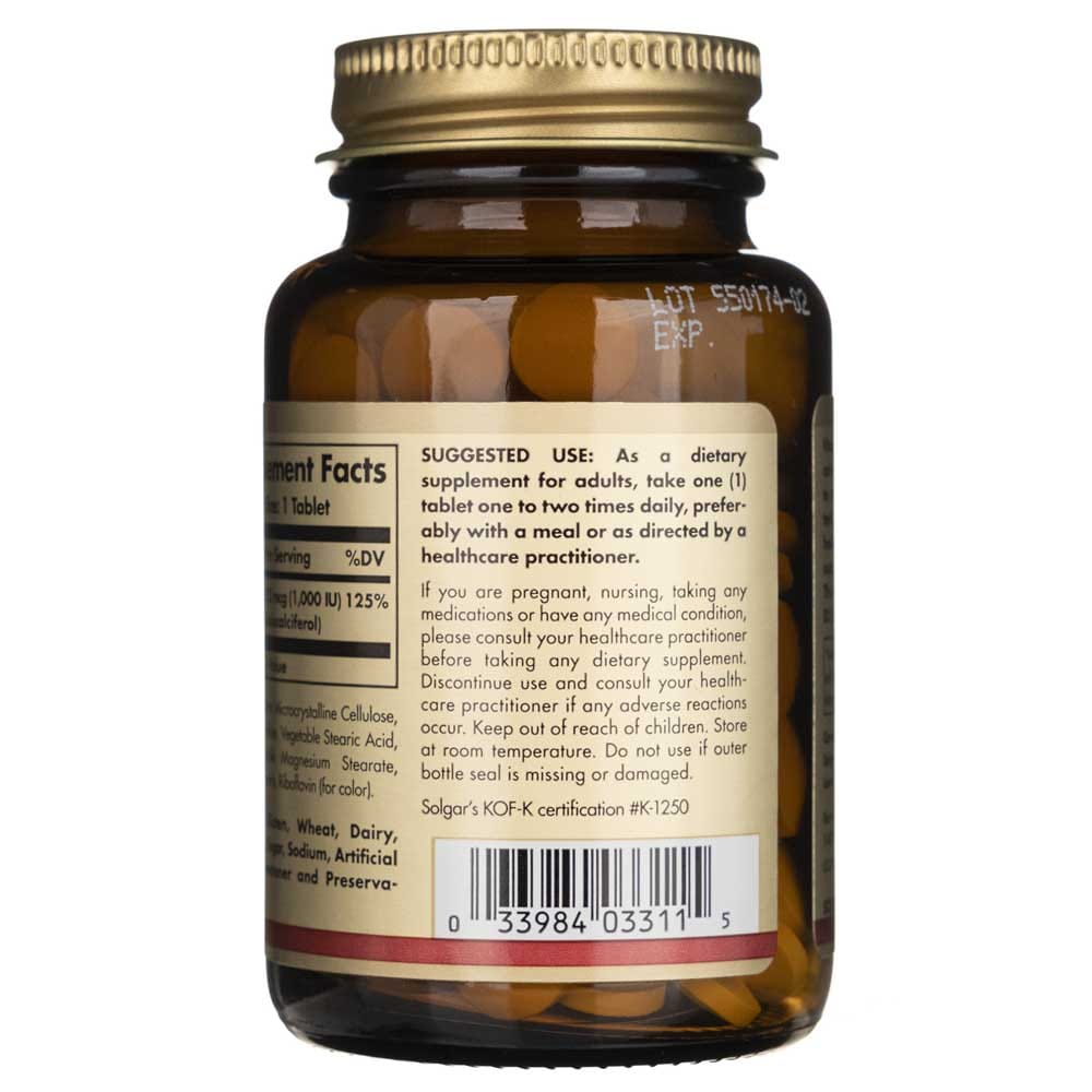 Solgar Vitamina D3 25 mcg (1000 UI) - 180 Tabletas - Imagen 3