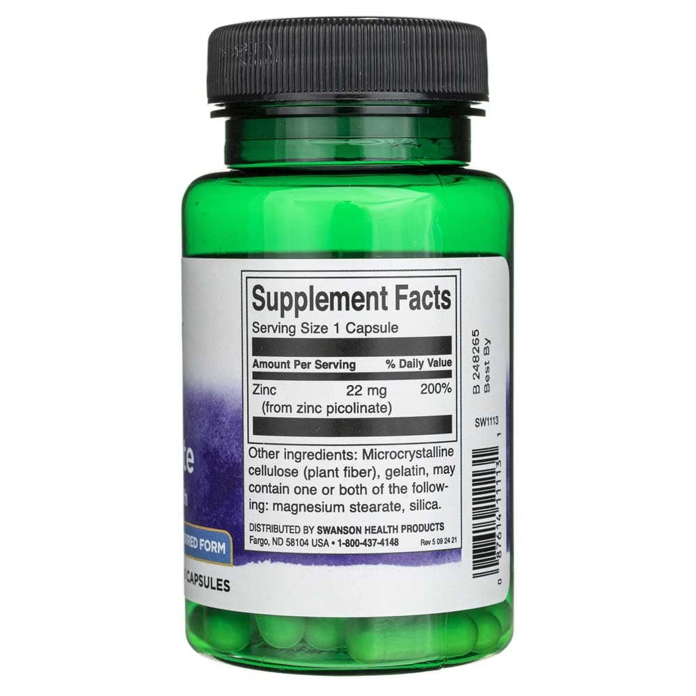 Swanson Picolinato de Zinc 22 mg - 60 Cápsulas - Imagen 2